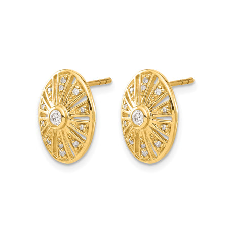 14k Yellow Gold Oval Stud Earrings with Diamond Center and Sunburst Design