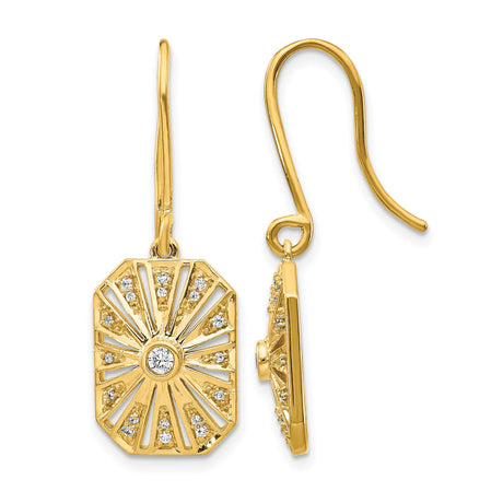 14k Yellow Gold Diamond Earrings, Sunburst Pavé Dangle Design, Vintage Style for Women