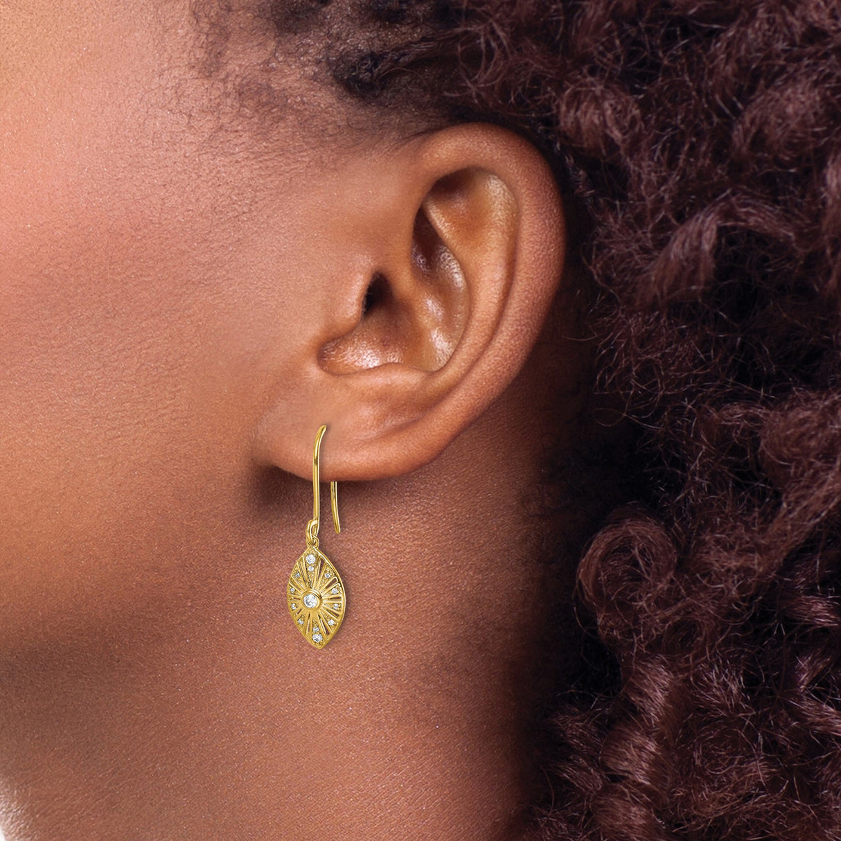 14k Yellow Gold Dangle Earrings with Diamond, Marquise Sunburst Design, Leverback Closure