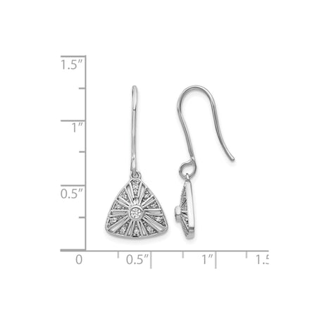 14k White Gold Dangle Earrings with Diamond Accents, Triangle Sunburst Design, Geometric Drop Style