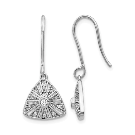 14k White Gold Dangle Earrings with Diamond Accents, Triangle Sunburst Design, Geometric Drop Style