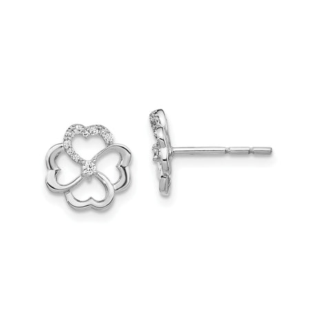 14k White Gold Clover Stud Earrings with Heart Shaped Petals and Diamonds