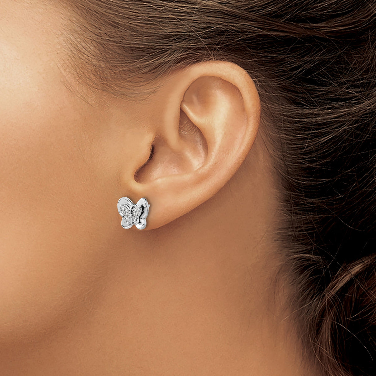 14k White Gold Butterfly Stud Earrings with Diamond Accents, Dainty Minimalist Style