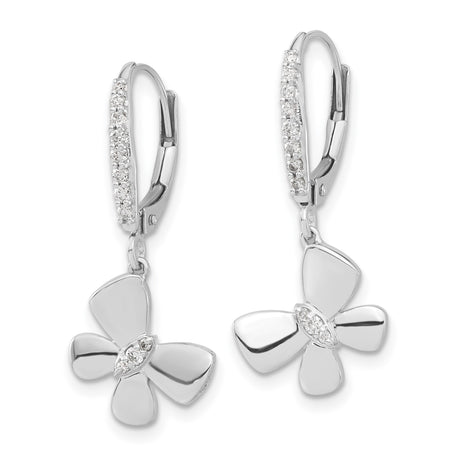 14k White Gold Dangle Earrings with Diamond, Flower Design Leverback Hoops for Women