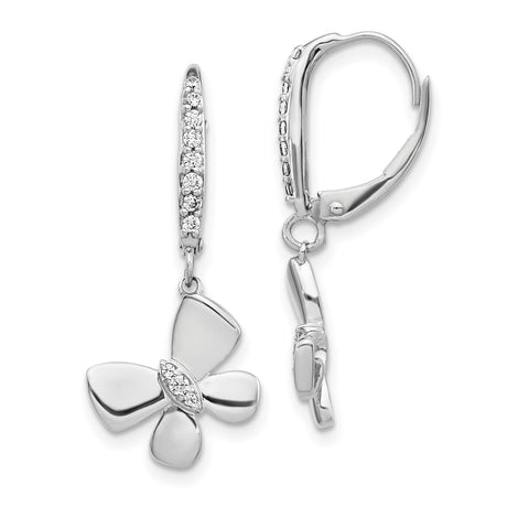 14k White Gold Dangle Earrings with Diamond, Flower Design Leverback Hoops for Women