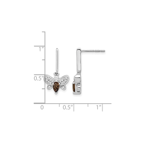 14k White Gold Bee Earrings with Smoky Quartz and Diamond Accents, Nature-Inspired Studs