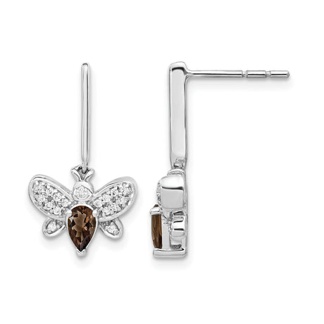 14k White Gold Bee Earrings with Smoky Quartz and Diamond Accents, Nature-Inspired Studs