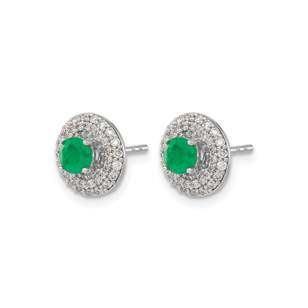 14k White Gold Stud Earrings with Emerald Center and Diamond Halo, Classic Halo Style