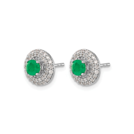 14k White Gold Stud Earrings with Emerald Center and Diamond Halo, Classic Halo Style