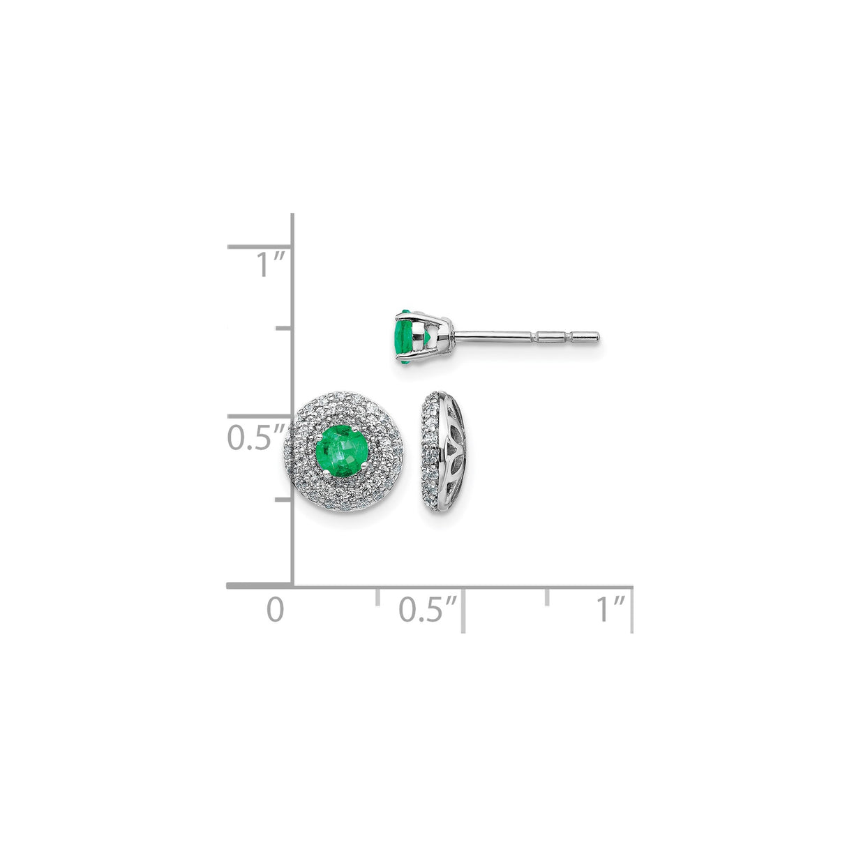 14k White Gold Stud Earrings with Emerald Center and Diamond Halo, Classic Halo Style