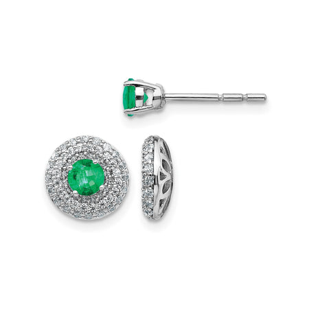 14k White Gold Stud Earrings with Emerald Center and Diamond Halo, Classic Halo Style