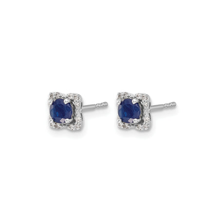 14k White Gold Stud Earrings with Blue Sapphire and Diamond Halo Floral Design