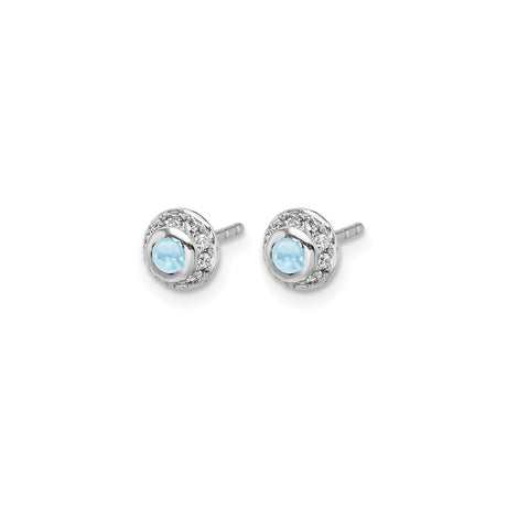 14k White Gold Stud Earrings with Round Aquamarine Center and Diamond Halo