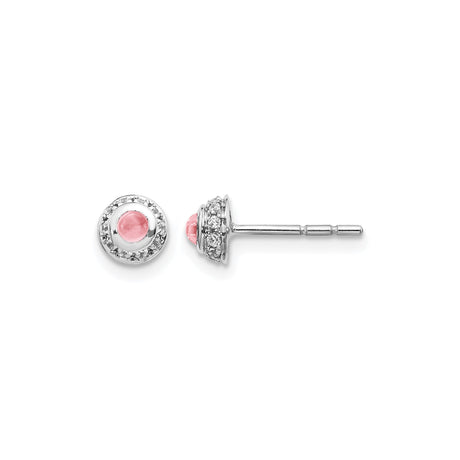 14k White Gold Stud Earrings with Pink Tourmaline Center and Diamond Halo Design