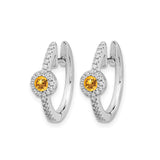 14k White Gold Hoop Earrings with Citrine and Diamond Accents, Halo Setting