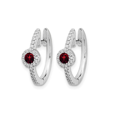 14k White Gold Hoop Earrings with Garnet and Diamond Accents, Classic Formal Huggies for Women