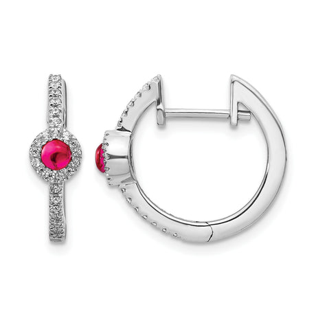 14k White Gold Hoop Earrings with Ruby Center and Diamond Accents in Pavé Setting