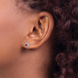 14k White Gold Stud Earrings with Round Ruby and Diamond Halo Floral Design