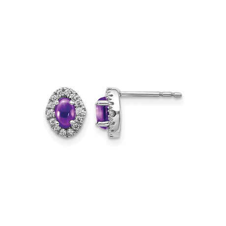 14k White Gold Stud Earrings with Oval Amethyst and Diamond Halo Accents