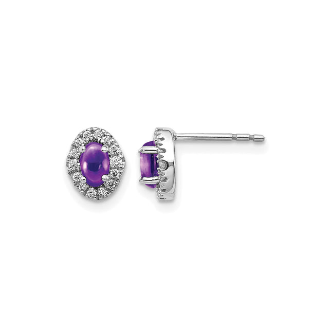 14k White Gold Stud Earrings with Oval Amethyst and Diamond Halo Accents
