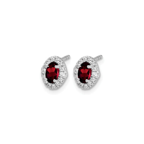14k White Gold Stud Earrings with Garnet and Diamond Halo, Oval Red Gemstone Jewelry