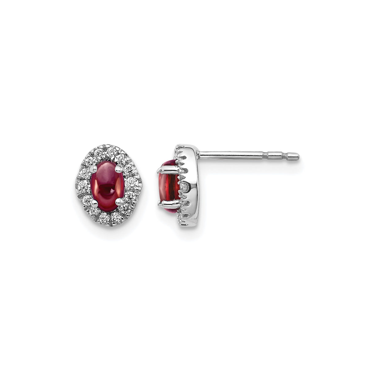 14k White Gold Stud Earrings with Garnet and Diamond Halo, Oval Red Gemstone Jewelry
