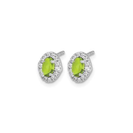 14k White Gold Stud Earrings with Oval Peridot and Diamond Halo Floral Design