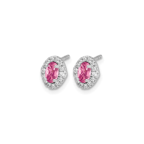 14k White Gold Stud Earrings with Oval Pink Tourmaline and Diamond Halo