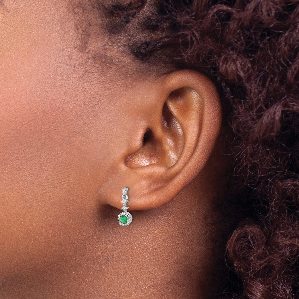 14k White Gold Dangle Earrings with Emerald and Diamond Halo Design