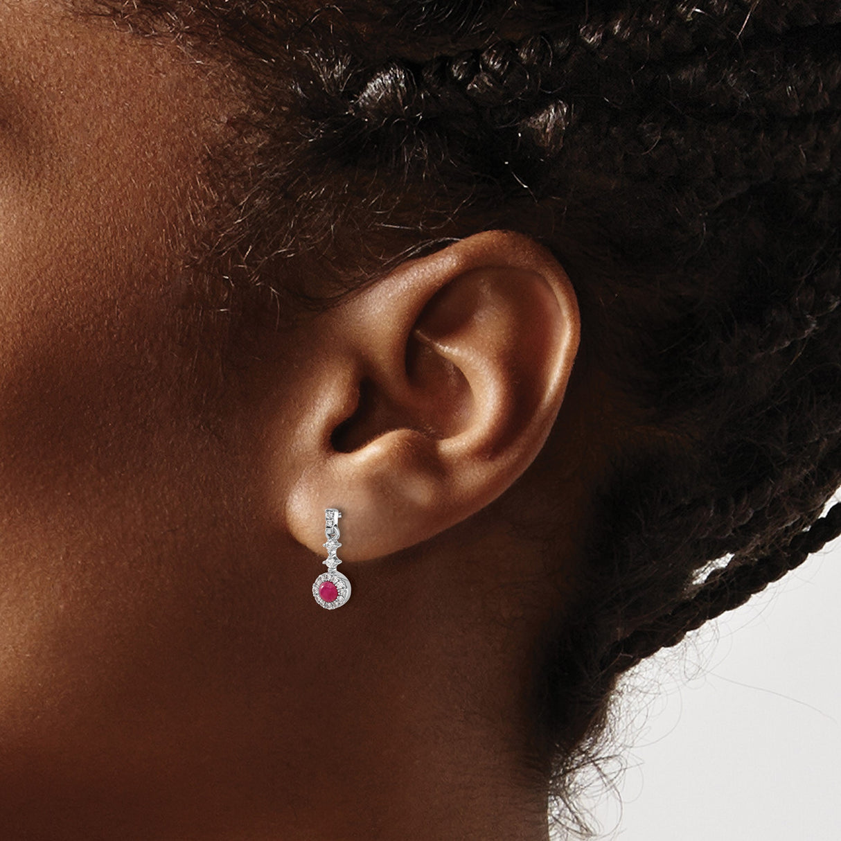 14k White Gold Dangle Earrings with Ruby and Diamond Halo Drops
