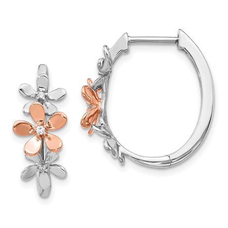 14k Yellow Gold Hoop Earrings with Diamond Accents, Two-Tone Floral Design for Women
