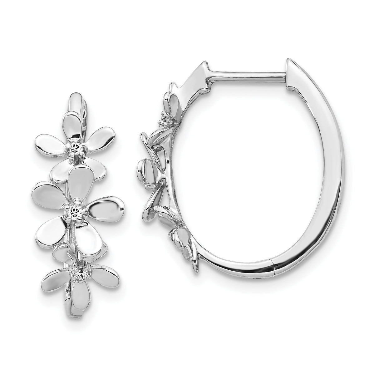 14k White Gold Hoop Earrings with Diamond Accents, Floral Daisy Motif Design for Women