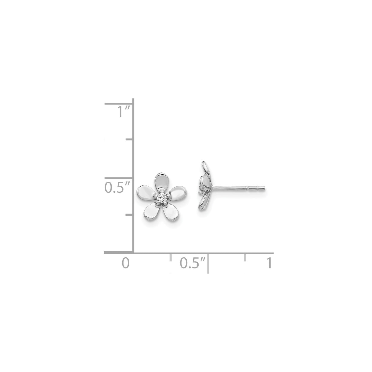 14k White Gold Flower Stud Earrings with Diamond Accent, Five-Petal Floral Design