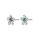 14k White Gold Flower Stud Earrings with Emerald Center and Diamond Accents