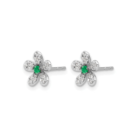 14k White Gold Flower Stud Earrings with Emerald Center and Diamond Accents