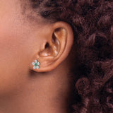 14k White Gold Flower Stud Earrings with Emerald Center and Diamond Accents