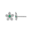 14k White Gold Flower Stud Earrings with Emerald Center and Diamond Accents