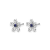 14k White Gold Flower Stud Earrings with Sapphire and Diamond Accents for Women