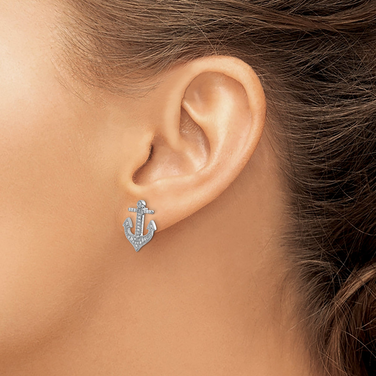 14k White Gold Anchor Stud Earrings with Diamond Pavé, Nautical Faith Design for Women