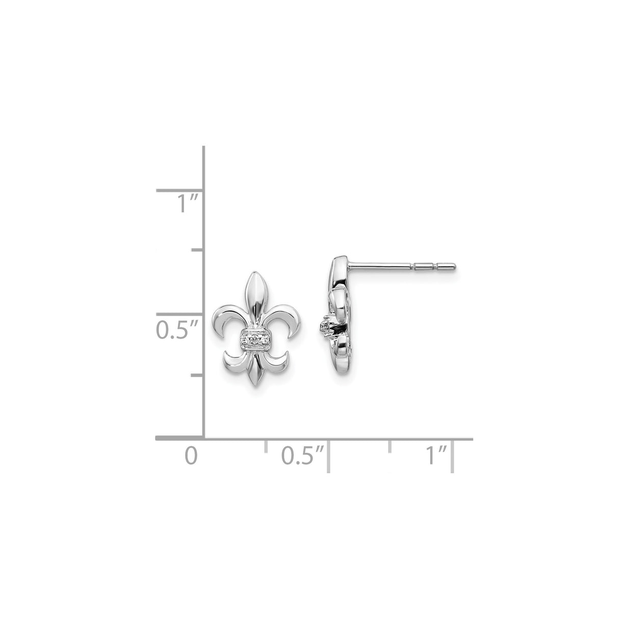 14k White Gold Fleur de Lis Stud Earrings with Diamond Accent, Vintage Religious Design