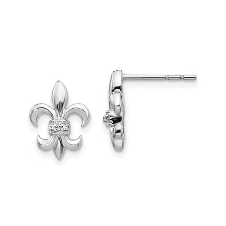 14k White Gold Fleur de Lis Stud Earrings with Diamond Accent, Vintage Religious Design
