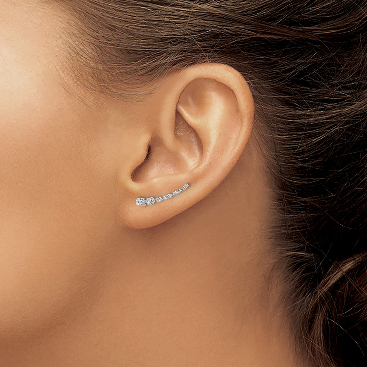 10k White Gold Ear Climber Earrings with Cubic Zirconia, Cascading Modern Design for Women