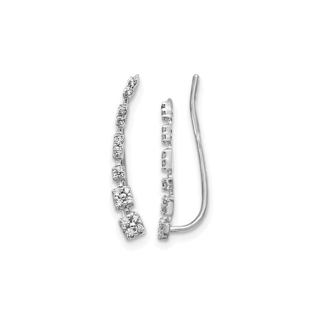 14k White Gold Ear Climber Earrings with Diamond Accents, Geometric Square Design for Women