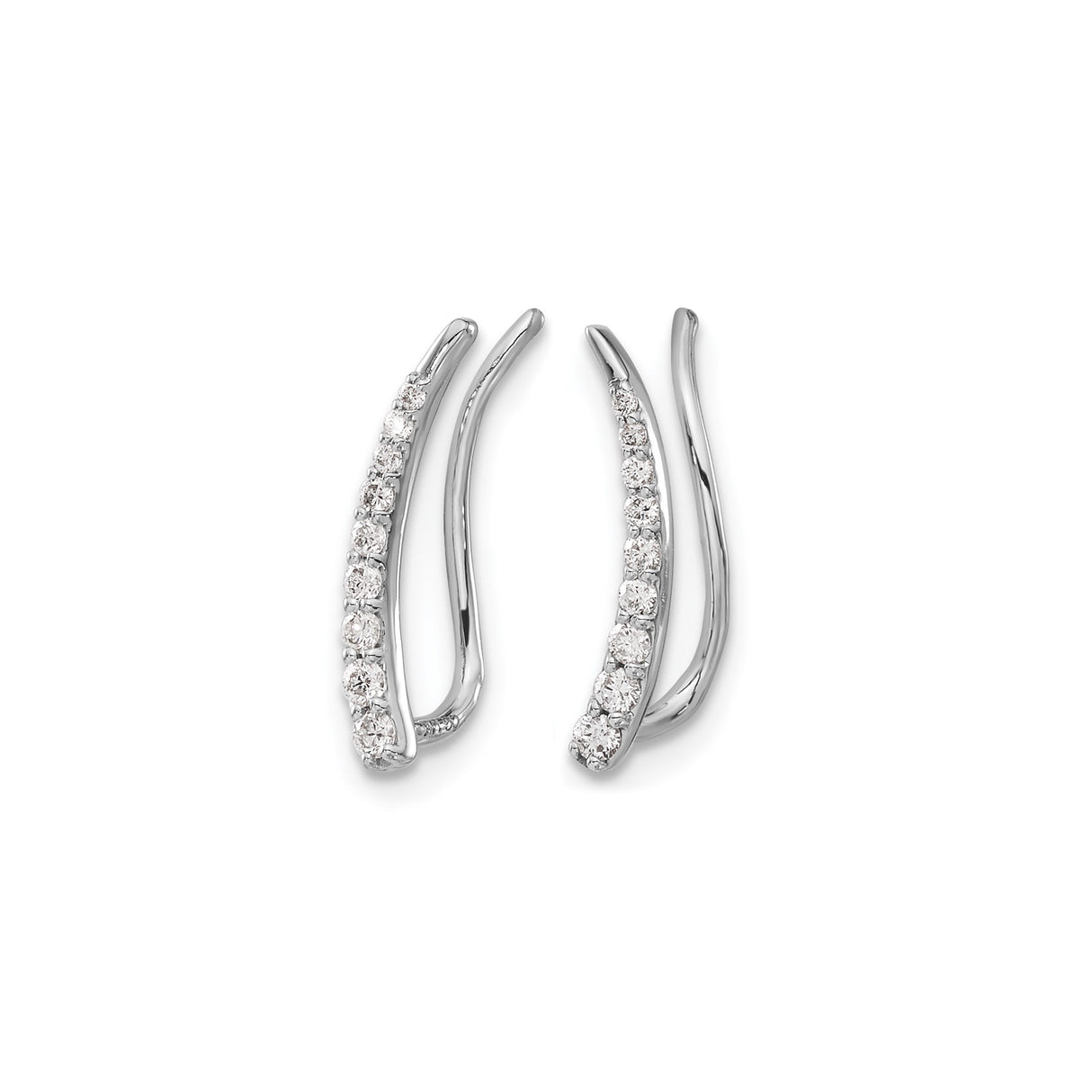 10k White Gold Ear Climber Earrings with White Diamonds, Curved Modern Design