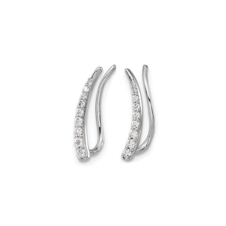 14k White Gold Curved Climber Earrings with Diamonds, Modern Minimalist Design for Women
