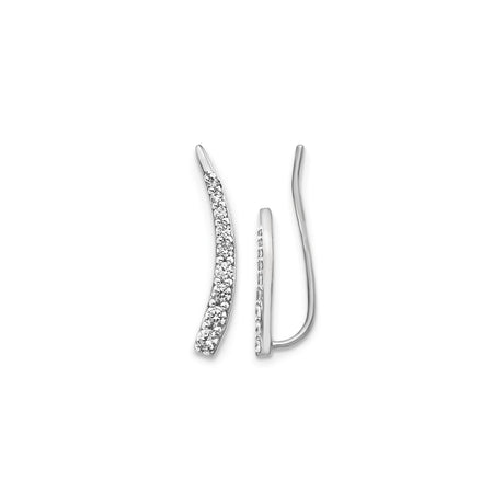 14k White Gold Curved Climber Earrings with Diamonds, Modern Minimalist Design for Women