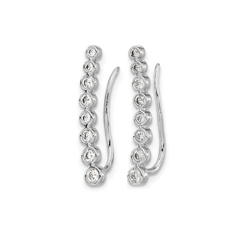 10k White Gold Ear Climber Earrings with Graduated Bezel Set Round Diamonds, Modern Design