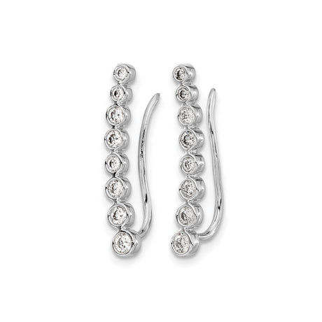 14k White Gold Ear Climber Earrings with Bezel-Set Round Diamonds, Modern Minimalist Design