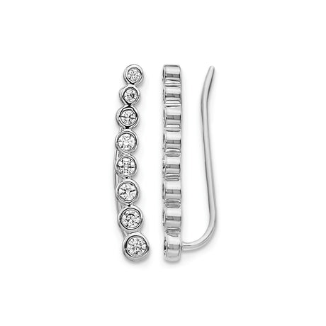 14k White Gold Ear Climber Earrings with Bezel-Set Round Diamonds, Modern Minimalist Design