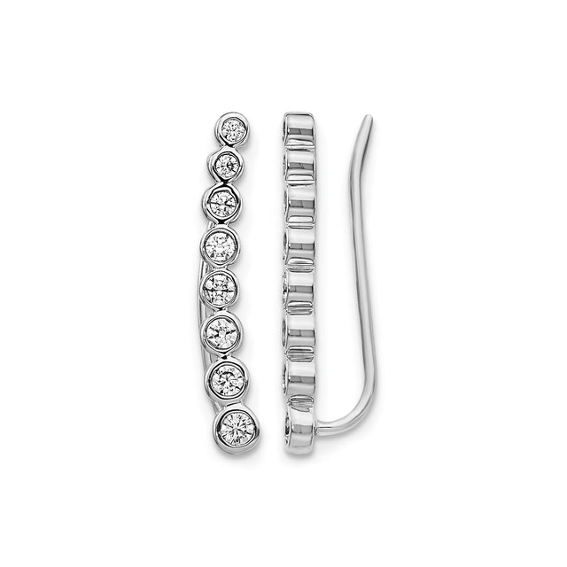 14k White Gold Ear Climber Earrings with Bezel-Set Round Diamonds, Modern Minimalist Design